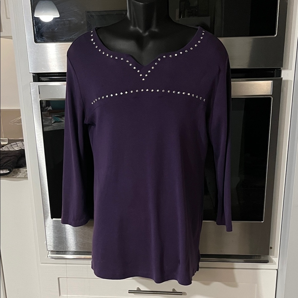 Karen Scott Deep Purple Studded Long Sleeve Top size medium .